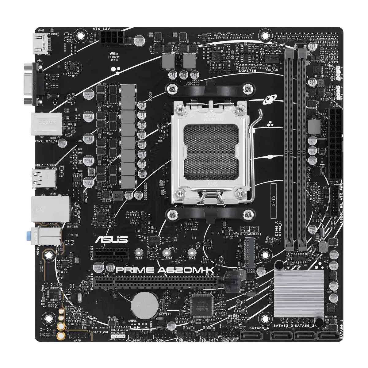 ASUS PRIME A620M-K-CSM AM5 micro-ATX motherboard, top-down front view showing the AM5 socket and two DDR5 slots