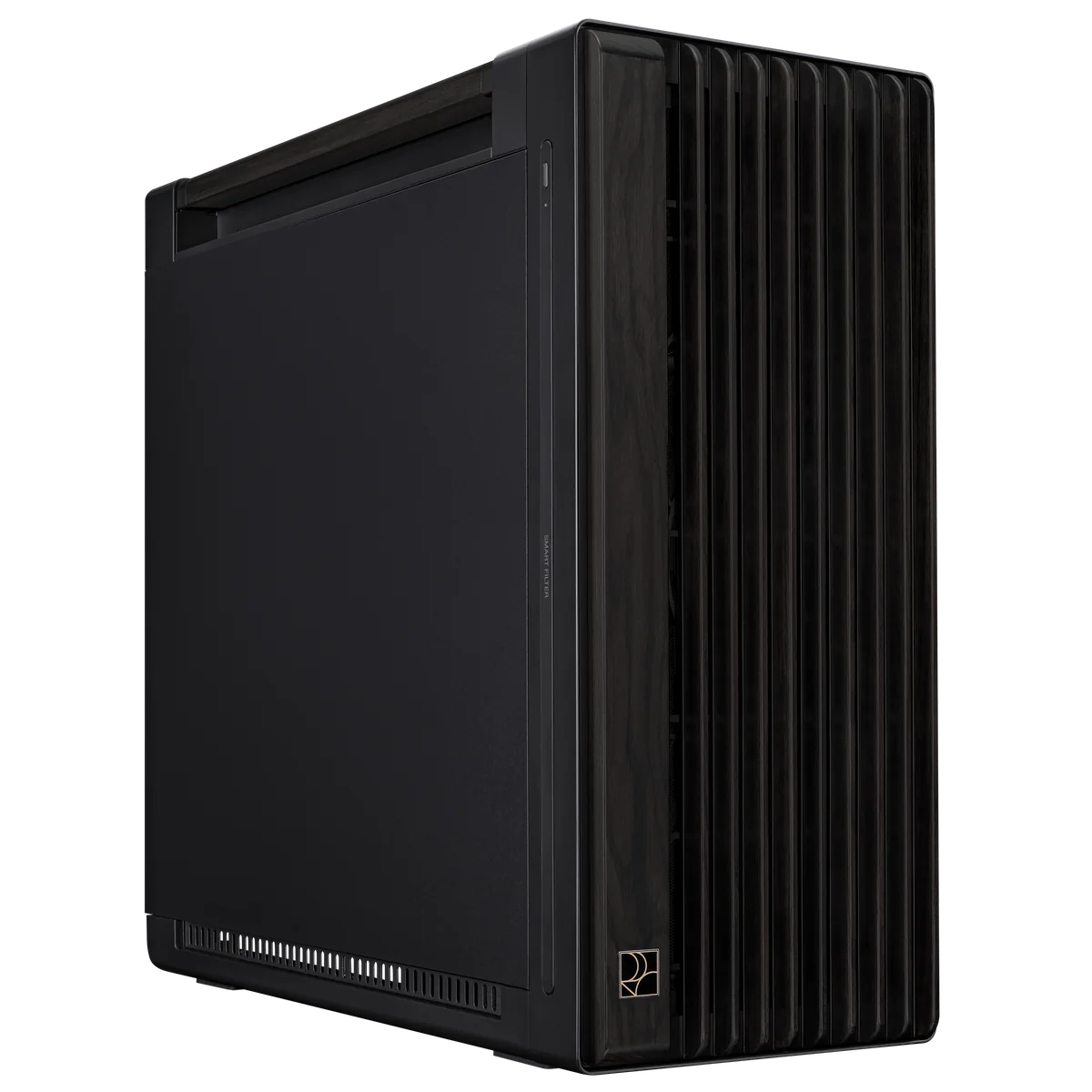 ASUS ProArt PA602 Wood Edition Metal Panel case, front-left three-quarter view showing the ash wood front grille and solid metal side panel