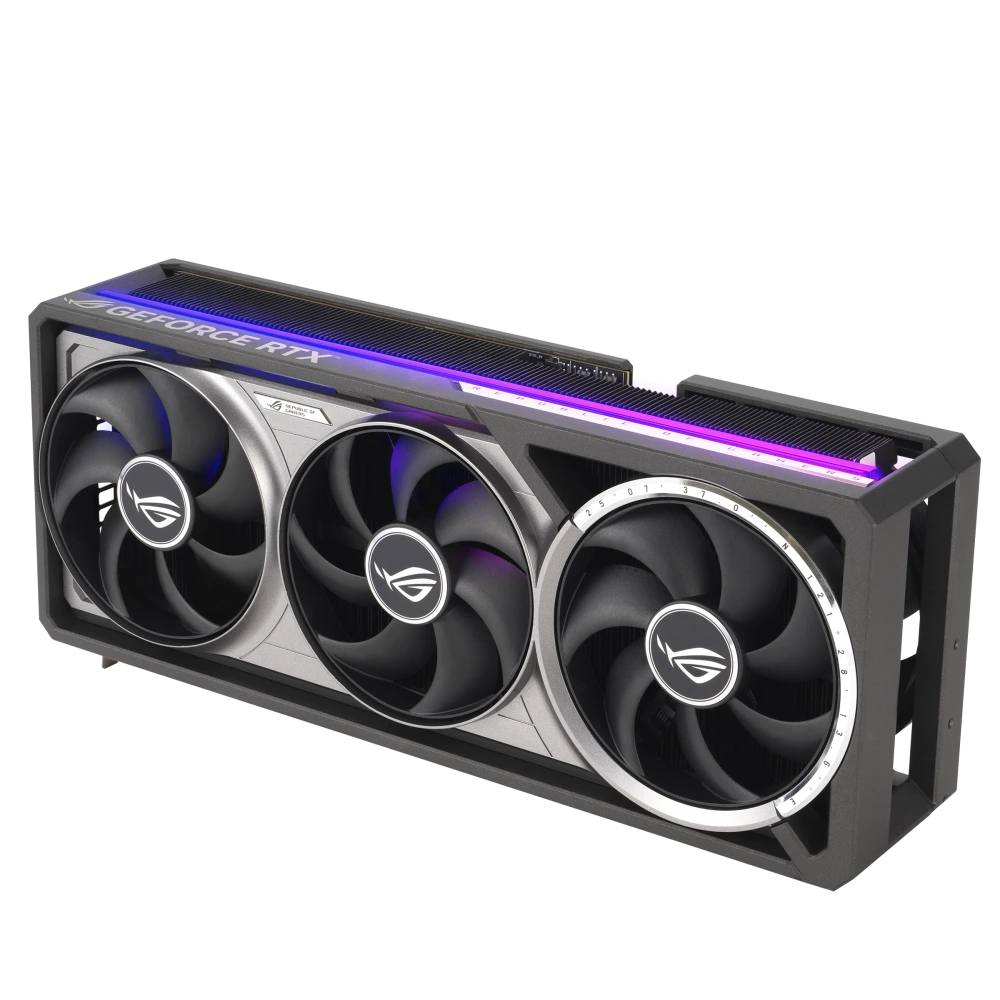 ASUS ROG-ASTRAL-RTX5080-16G-GAMING angled top down view focous on fans+lighting