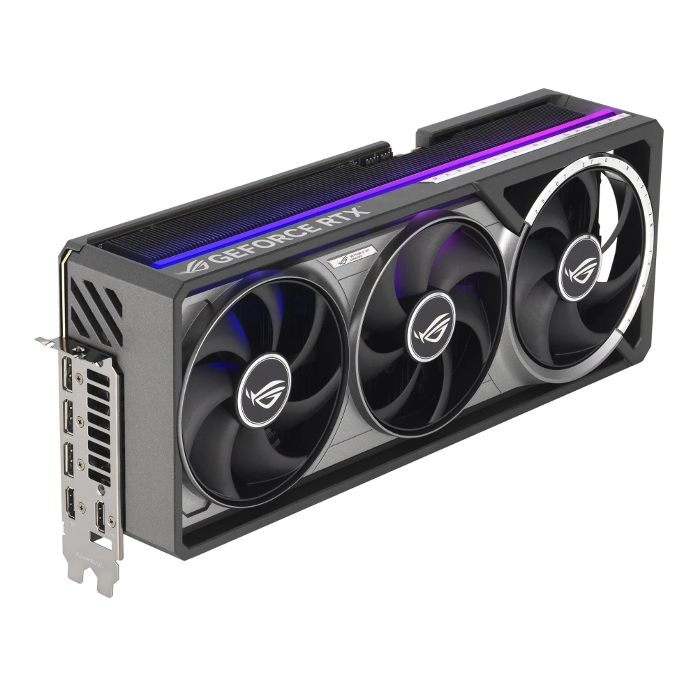 ASUS ROG-ASTRAL-RTX5080-16G-GAMING angled top down view focous on IO+lighting
