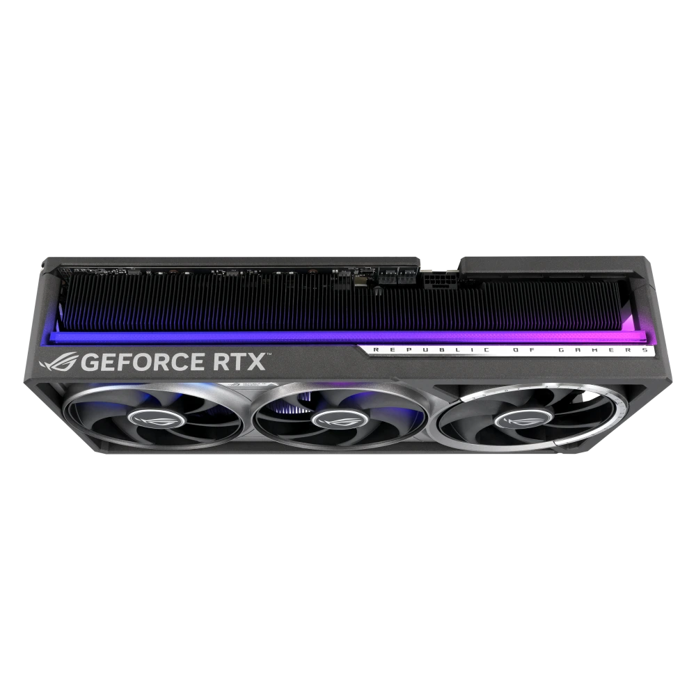 ASUS ROG-ASTRAL-RTX5080-16G-GAMING angled top down view showing slot design+lighting