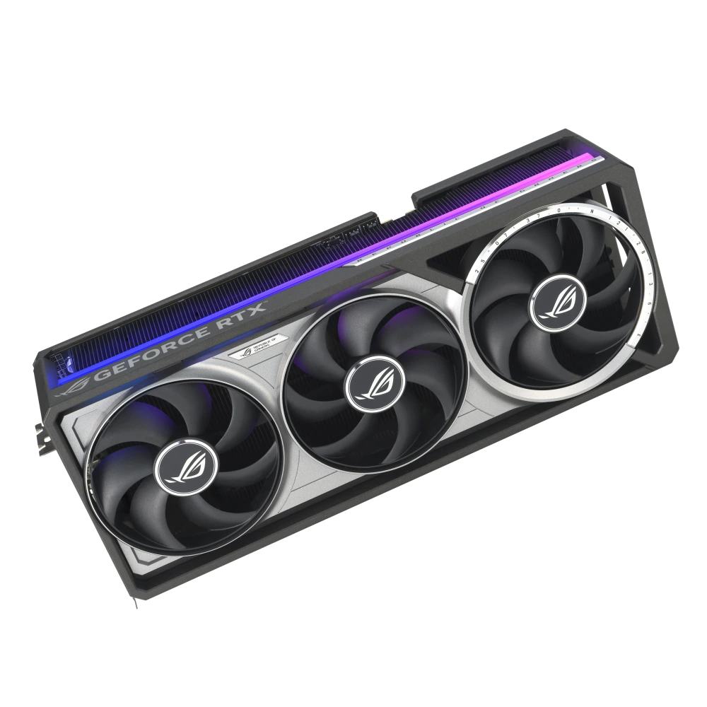 ASUS ROG-ASTRAL-RTX5080-16G-GAMING angled top down view+lighting