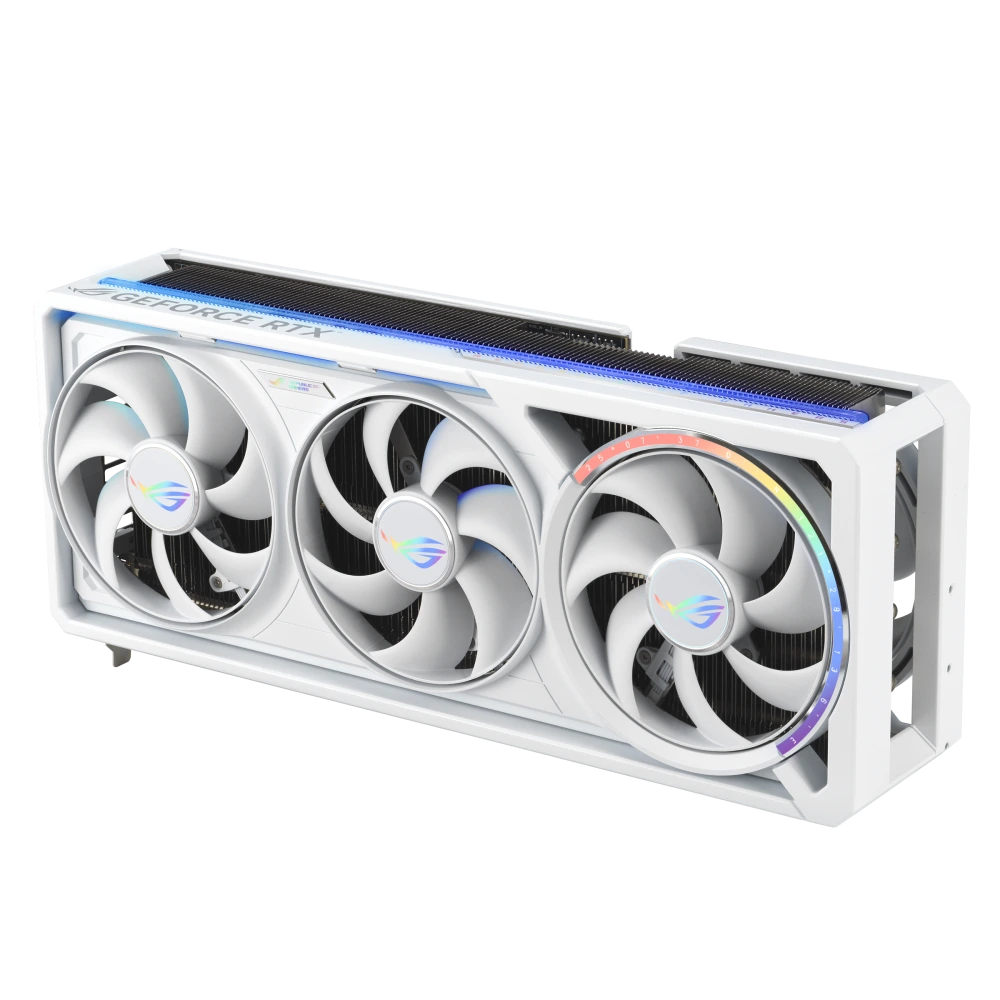 ASUS ROG Astral RTX 5080 White, angled top down view focous on fans+lighti