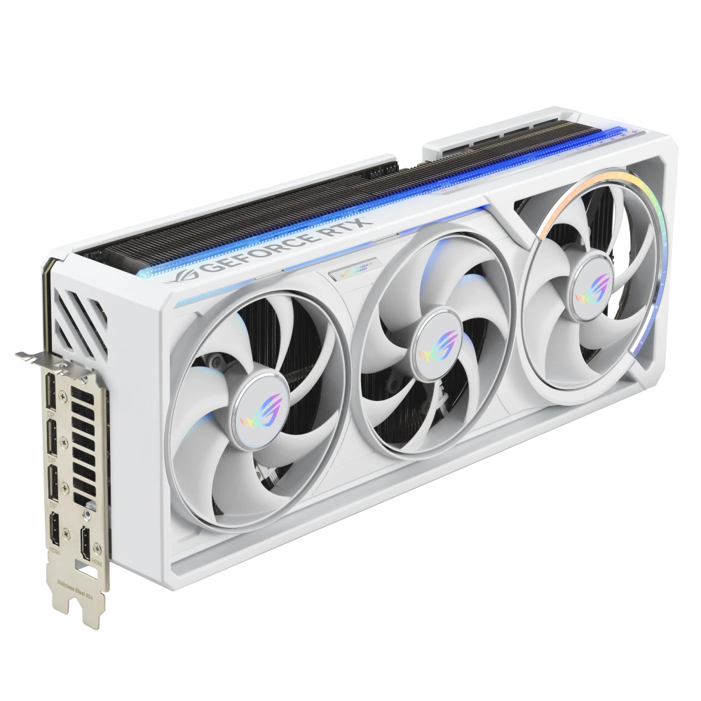 ASUS ROG Astral RTX 5080 White, angled top down view focous on IO+lighting
