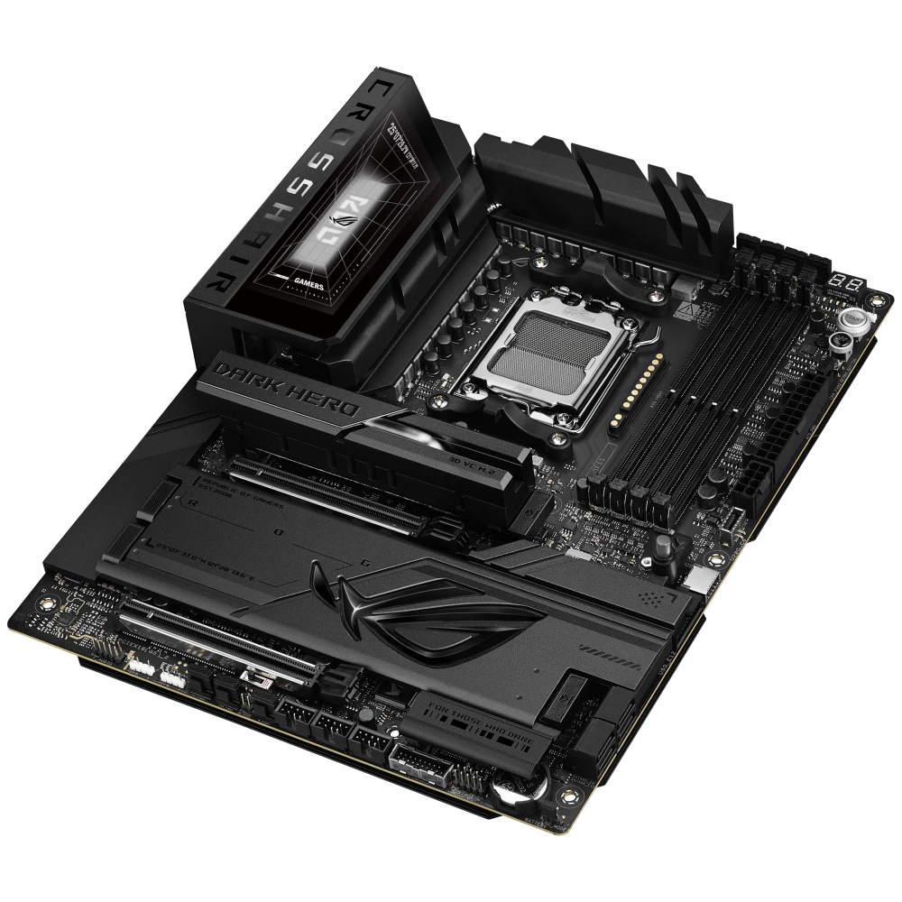 ASUS ROG Crosshair X870E Dark Hero top-down view, 45 degrees