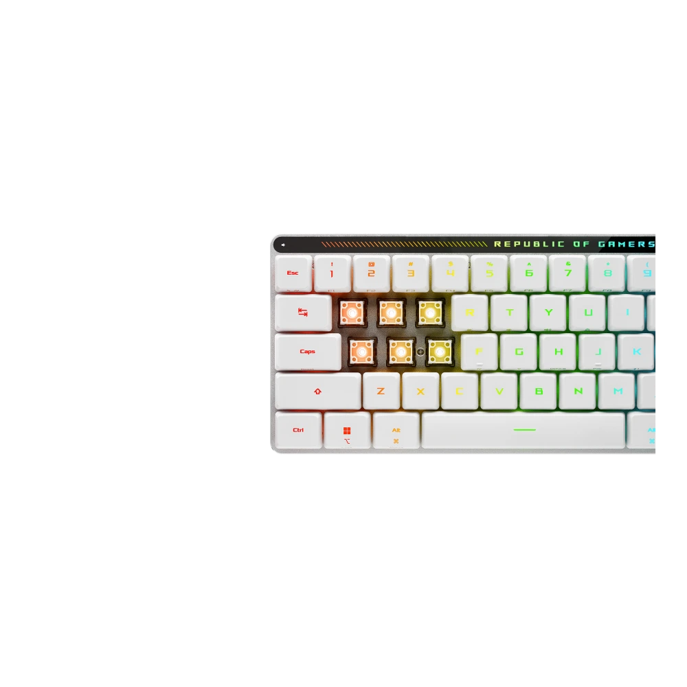 ASUS ROG Falchion RX Low Profile – close-up front view on left section with six keycaps removed showing the ROG RX Low-Profile switches