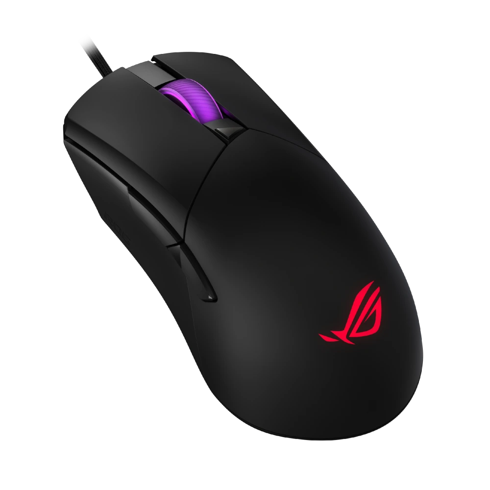ASUS ROG Gladius III Core 01 – Angled front-left view of the ROG Gladius III Core gaming mouse, featuring a black matte finish and illuminated scroll wheel