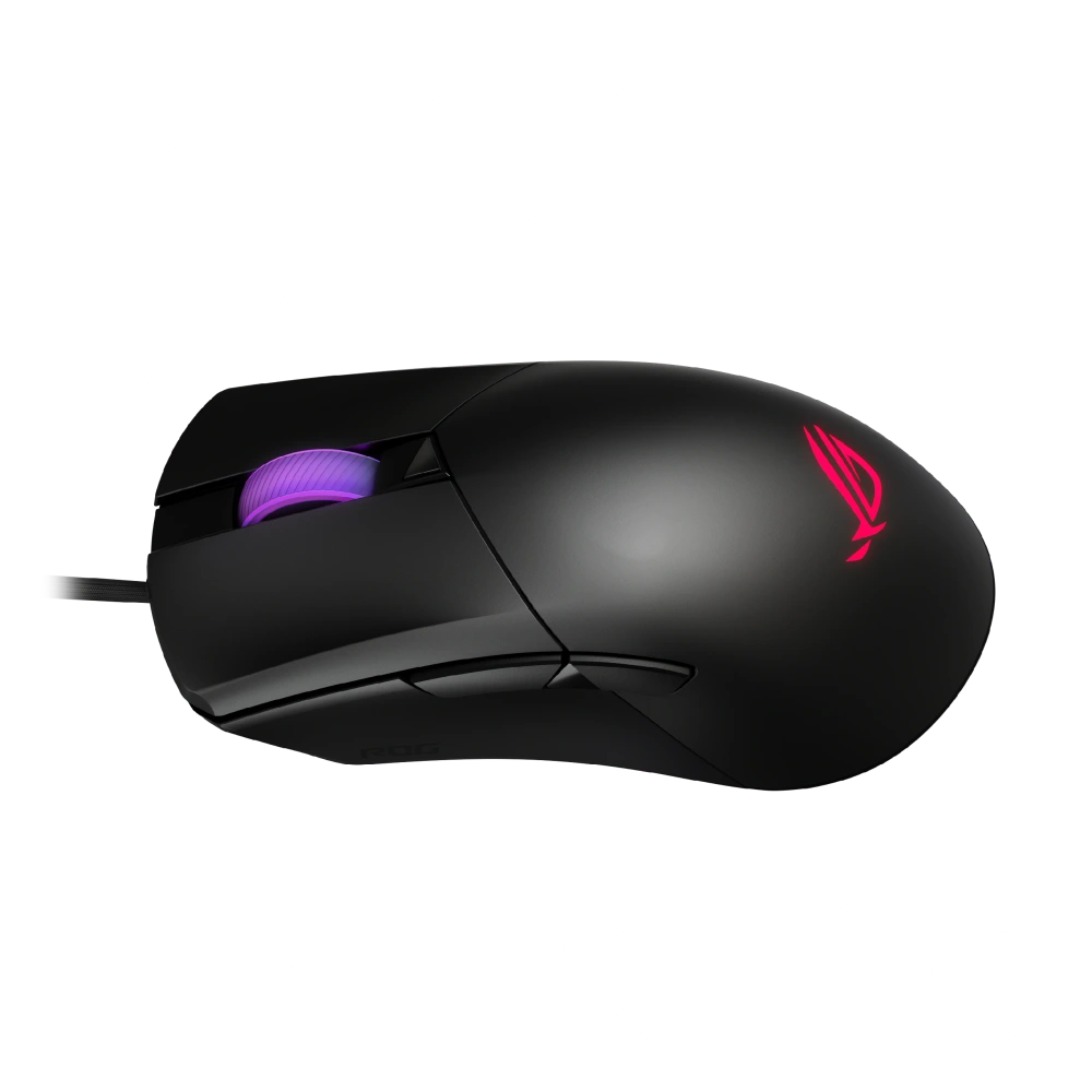 ASUS Side profile of the ROG Gladius III Core, highlighting its ergonomic right-handed design and ROG logo lighting.