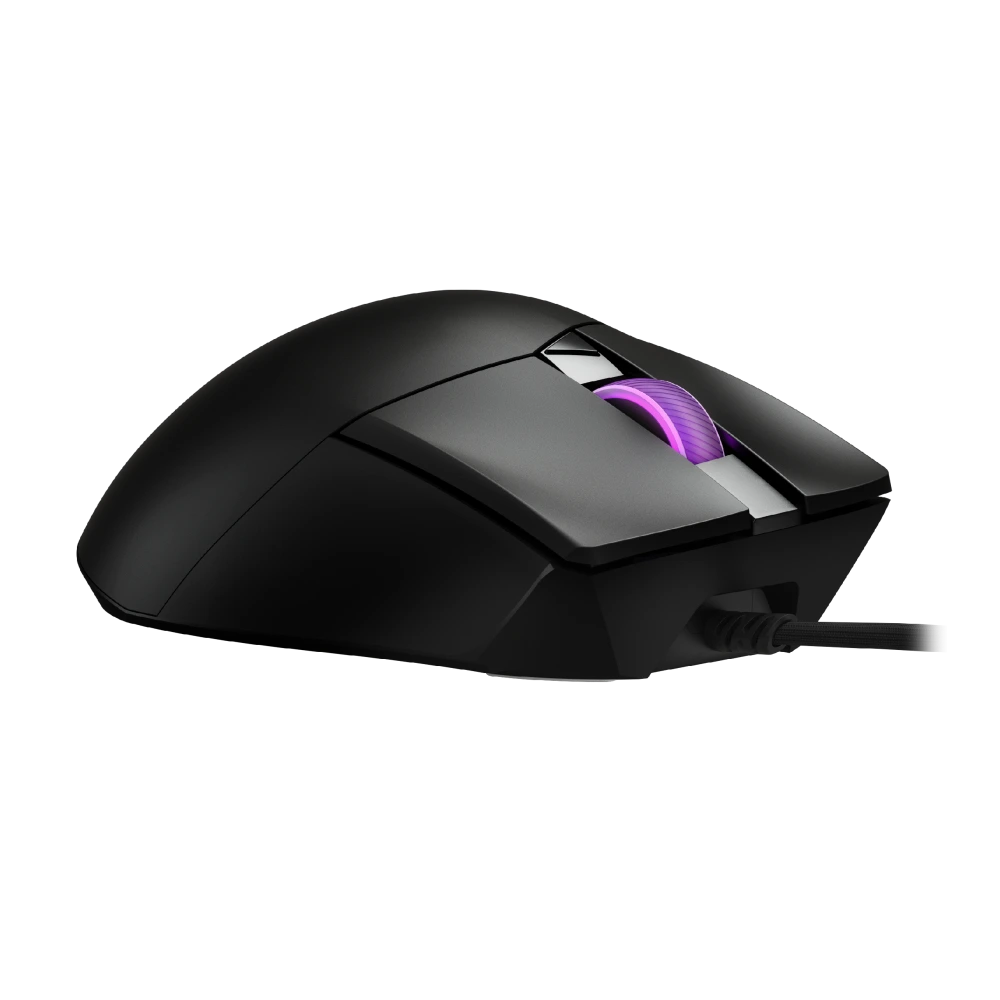 ASUS Angled rear-left view of the ROG Gladius III Core, highlighting the curvature and rear lighting accents.