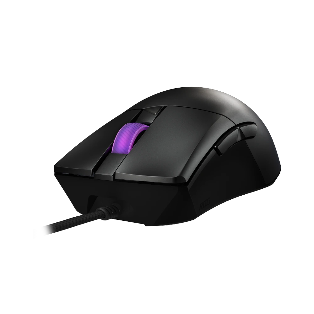 ASUS Angled front-right view of the ROG Gladius III Core, with illuminated scroll wheel and ROG logo visible.