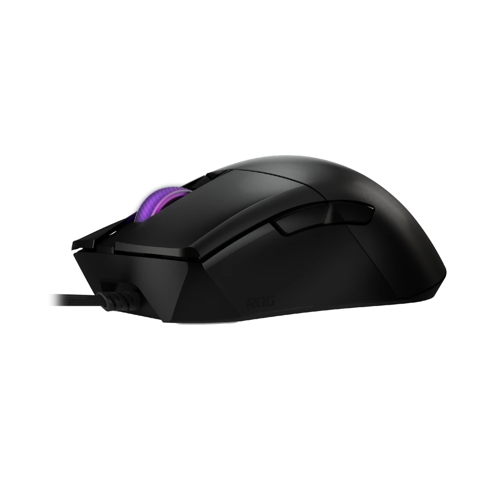 ASUS Angled top view of the ROG Gladius III Core, showing the scroll wheel and side buttons.