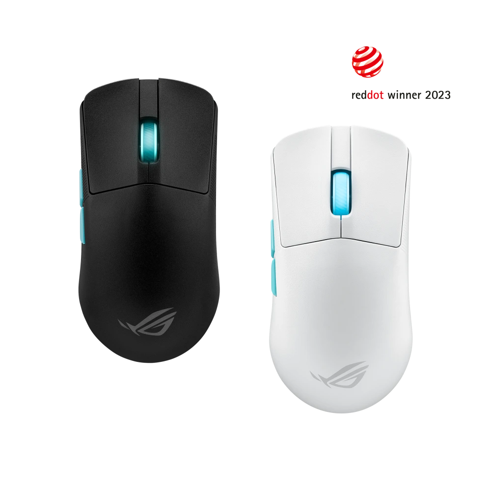 ASUS Top view of the ROG Harpe Ace Aim Lab Edition in black and moonlight white, with the Reddot 2023 award logo on the side
