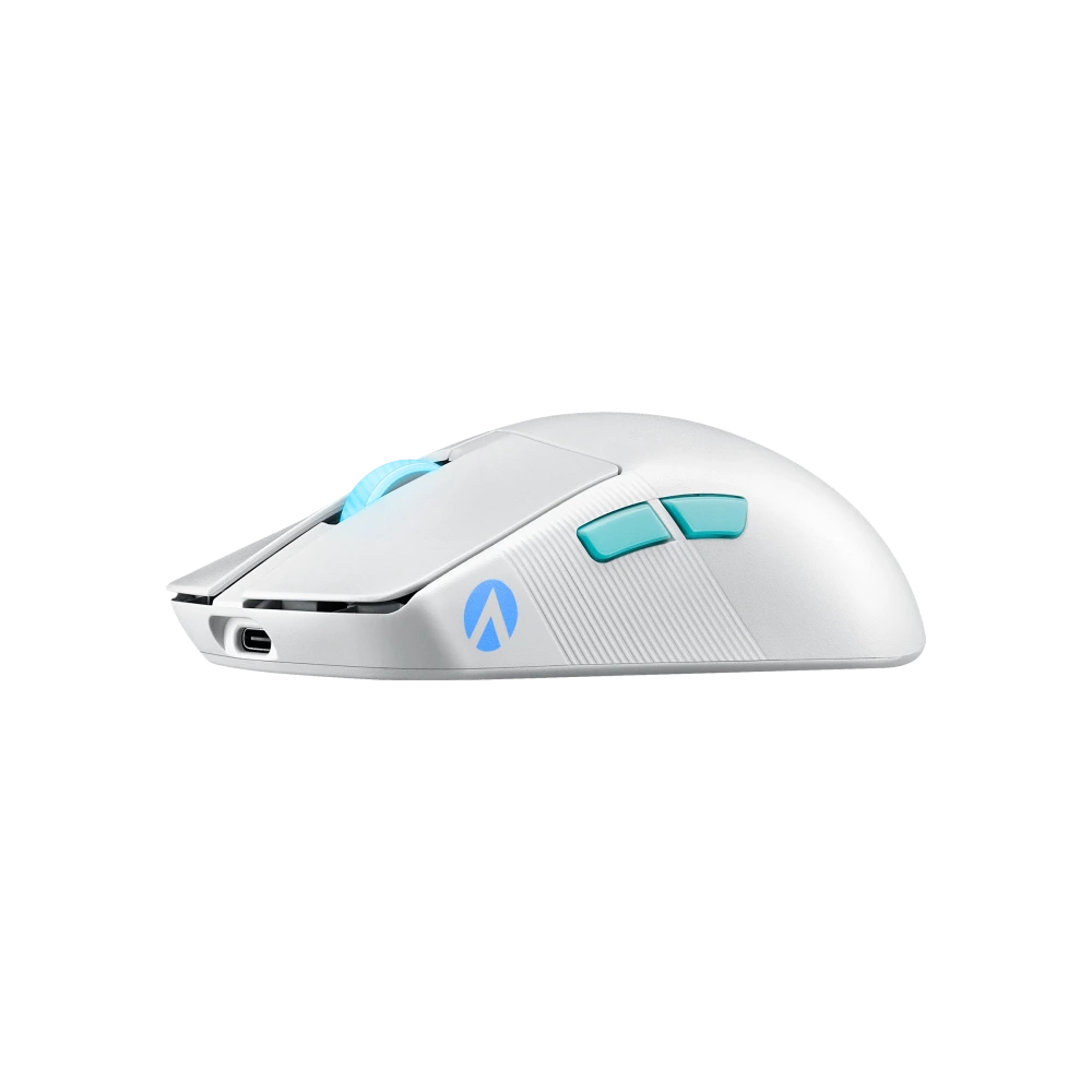 ASUS ROG Harpe Ace Aim Lab Edition Moonlight White – angled view from the front with Aim Lab logo under UV light