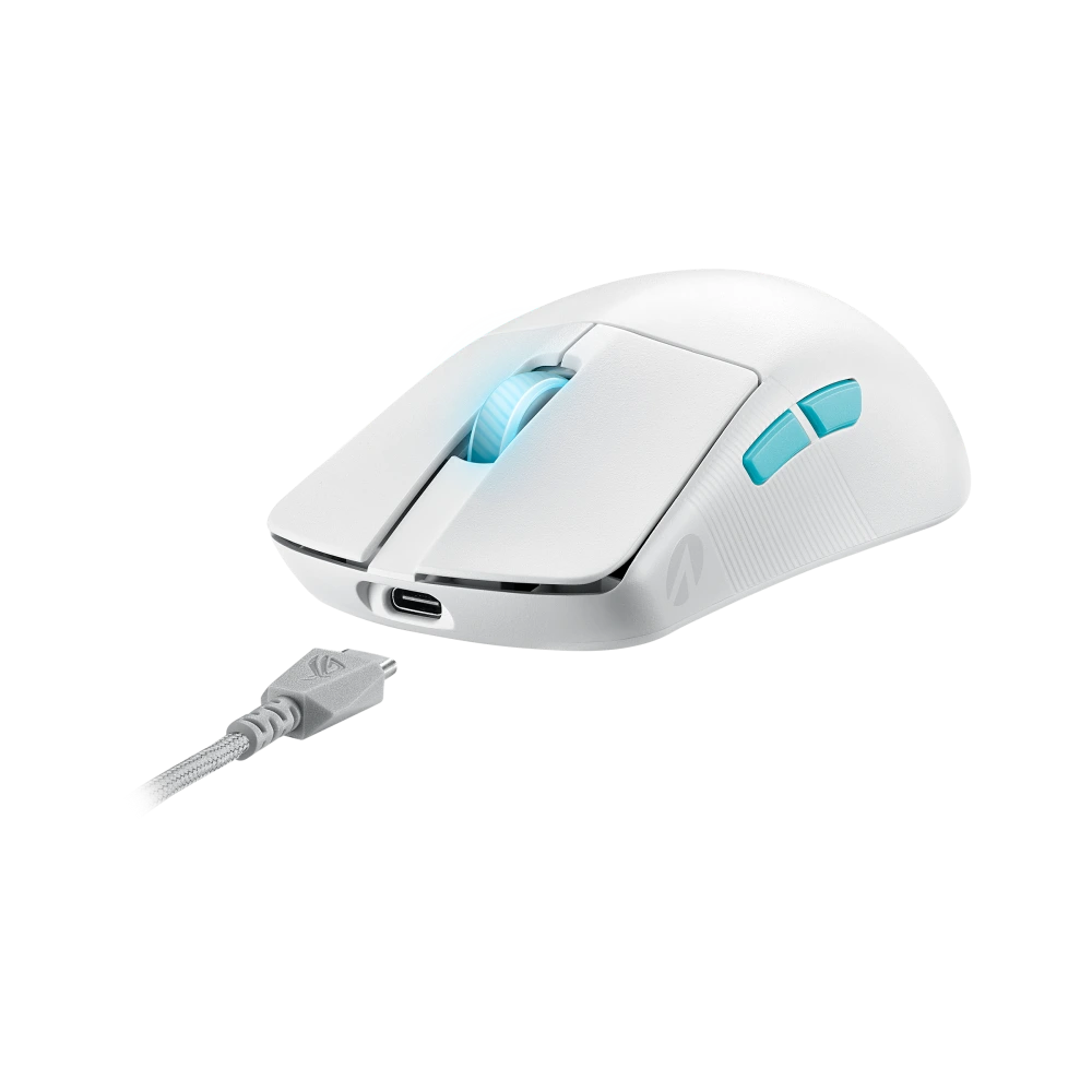 ASUS ROG Harpe Ace Aim Lab Edition Moonlight White – angled view from the front with USB Type-C Cord