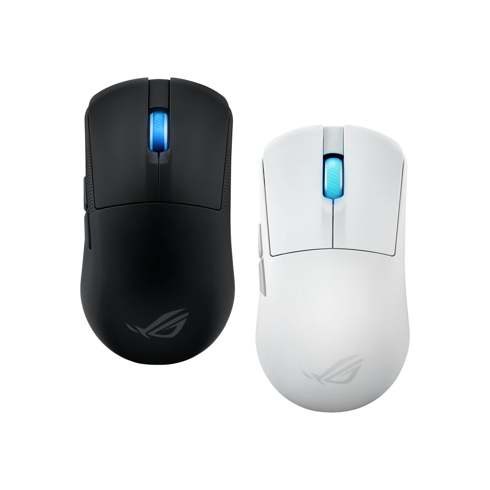 ASUS A top-down angle of the ROG Harpe Ace Mini mouse in both black and moonlight white