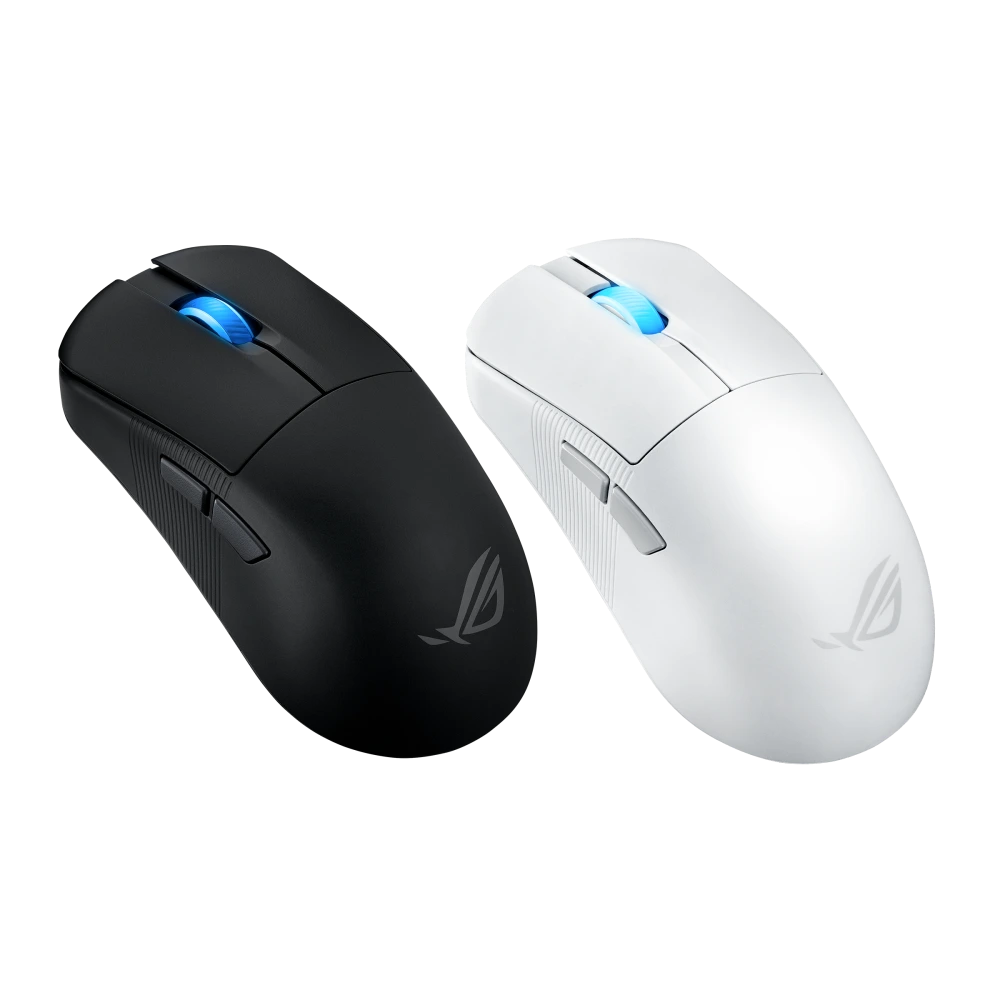 ASUS An angled side view of the ROG Harpe Ace Mini mouse in both black and moonlight white