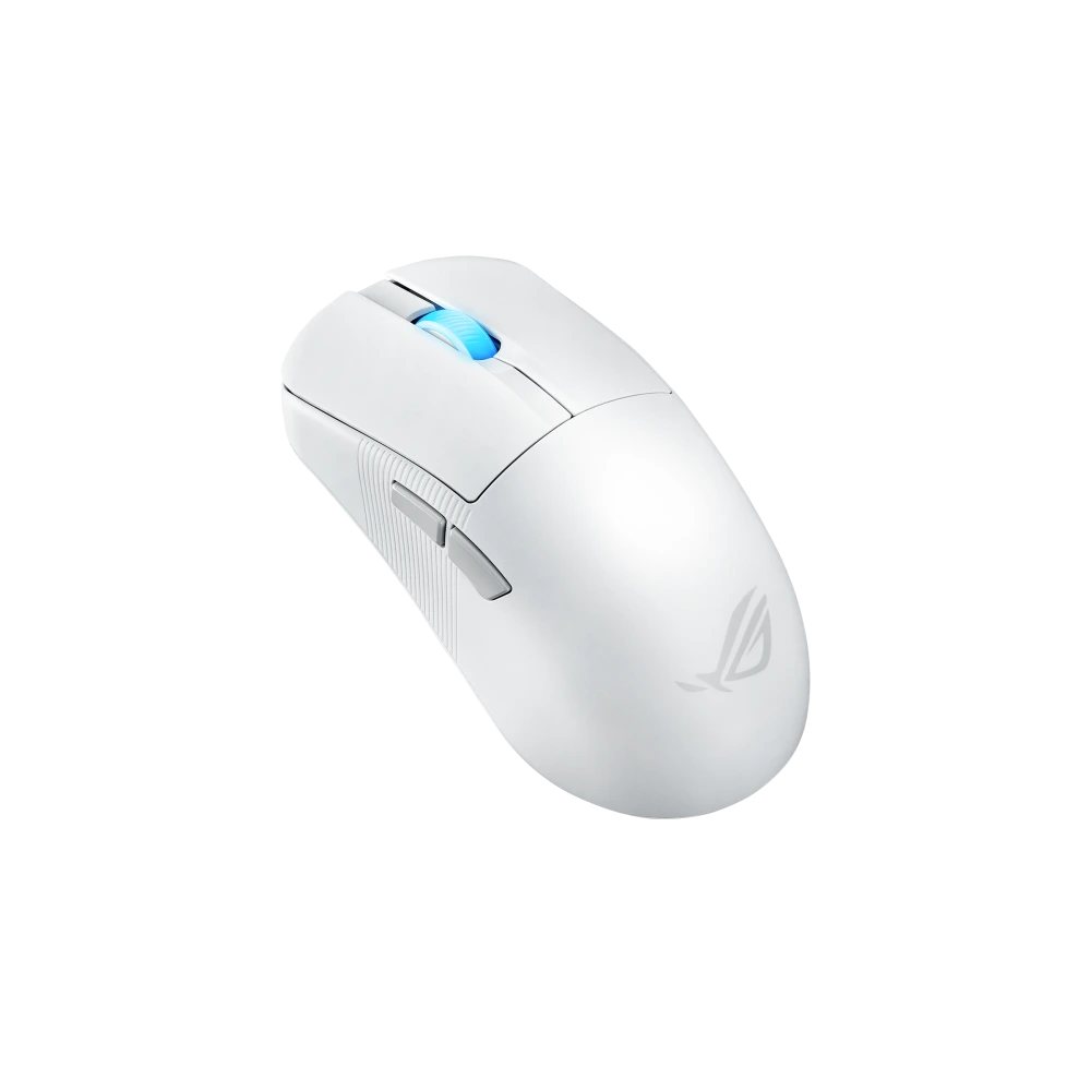 ASUS An angled side view of the ROG Harpe Ace Mini mouse in Moonlight White