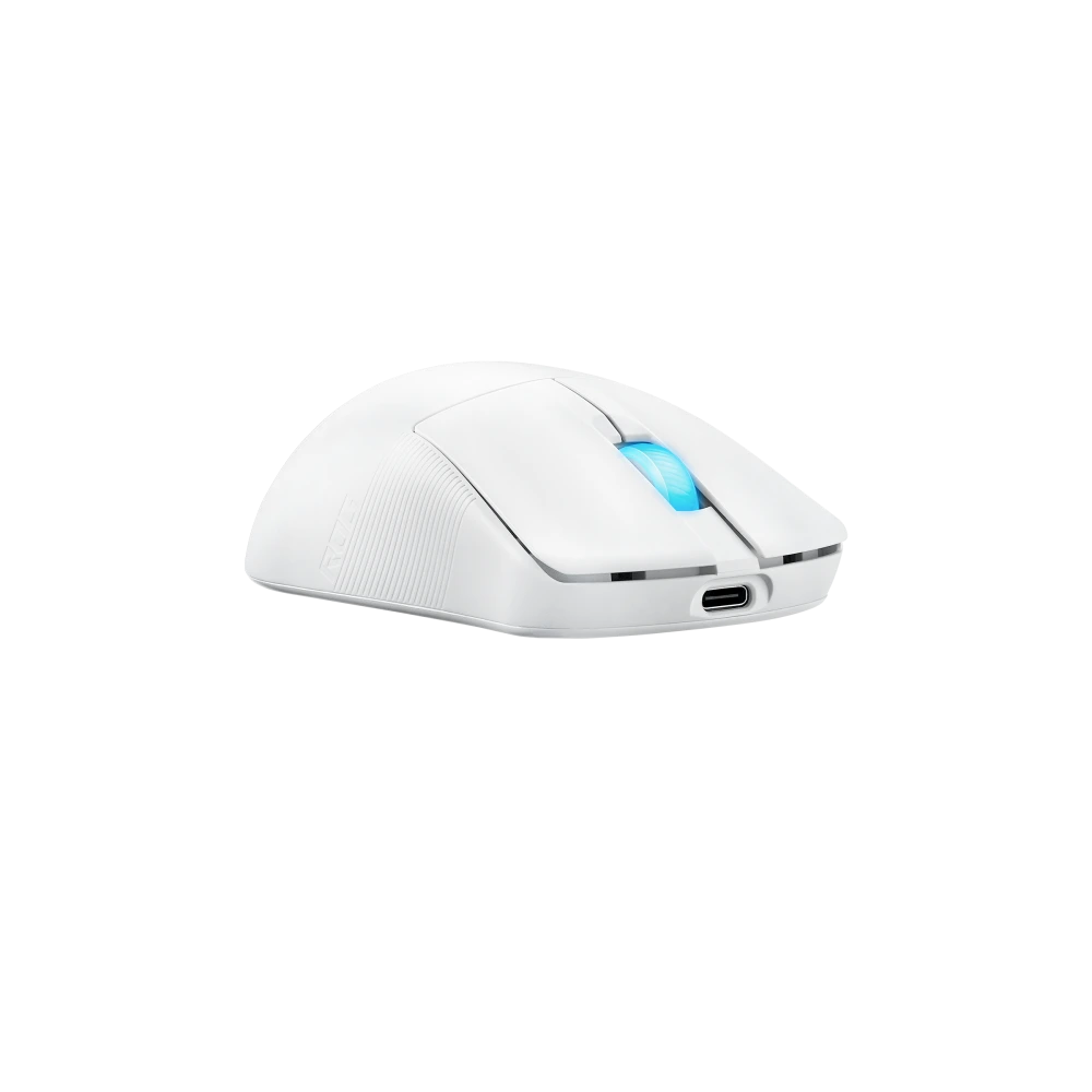 ASUS An angled frontal view of the Moonlight White ROG Harpe Ace Mini