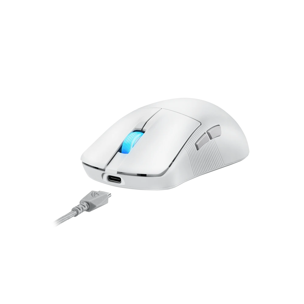 ASUS An angled frontal view of the Moonlight White ROG Harpe Ace Mini