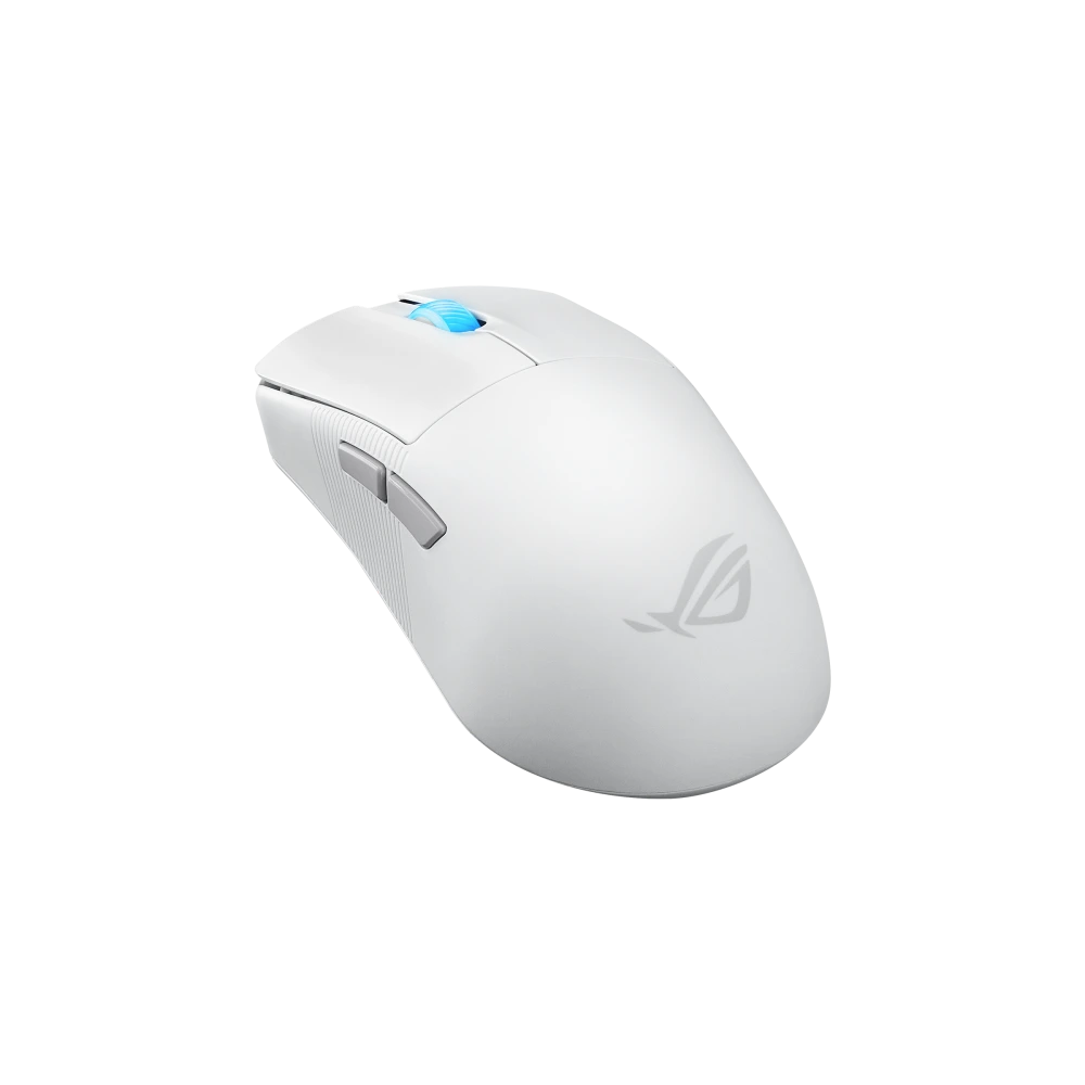 ASUS An angled frontal view of the Moonlight White ROG Harpe Ace Mini