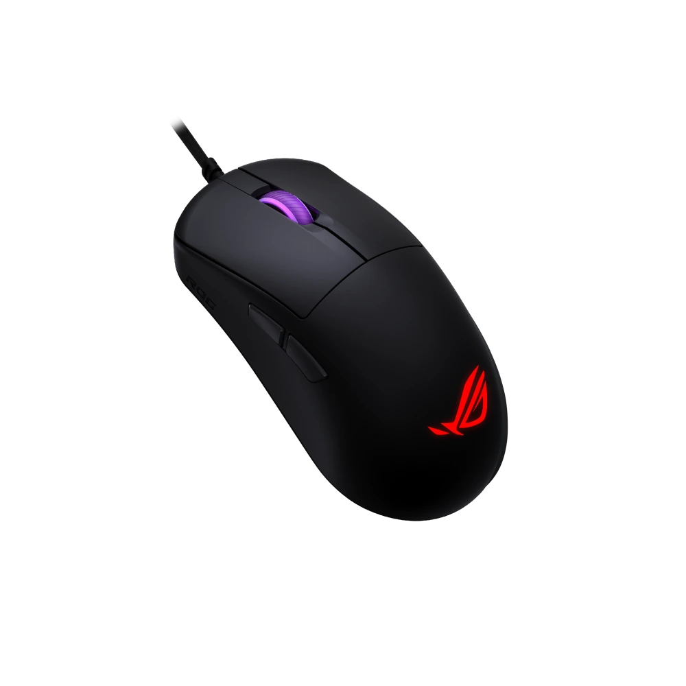 ASUS Angled front-left view of the ROG Harpe Mini Core gaming mouse, featuring a black matte finish and illuminated scroll wheel