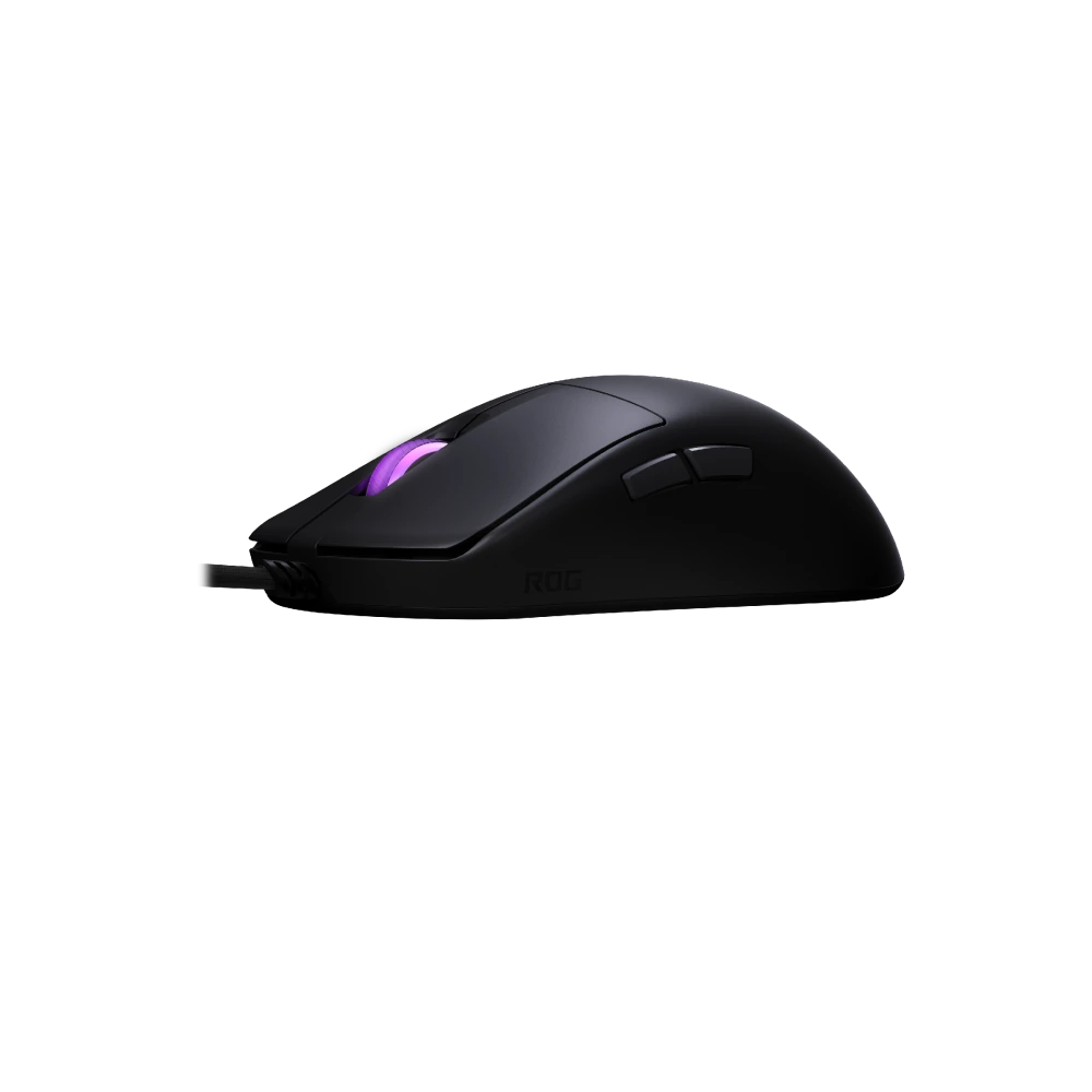 ASUS Side profile of the ROG Harpe Mini Core, highlighting its ergonomic right-handed design and ROG logo lighting.