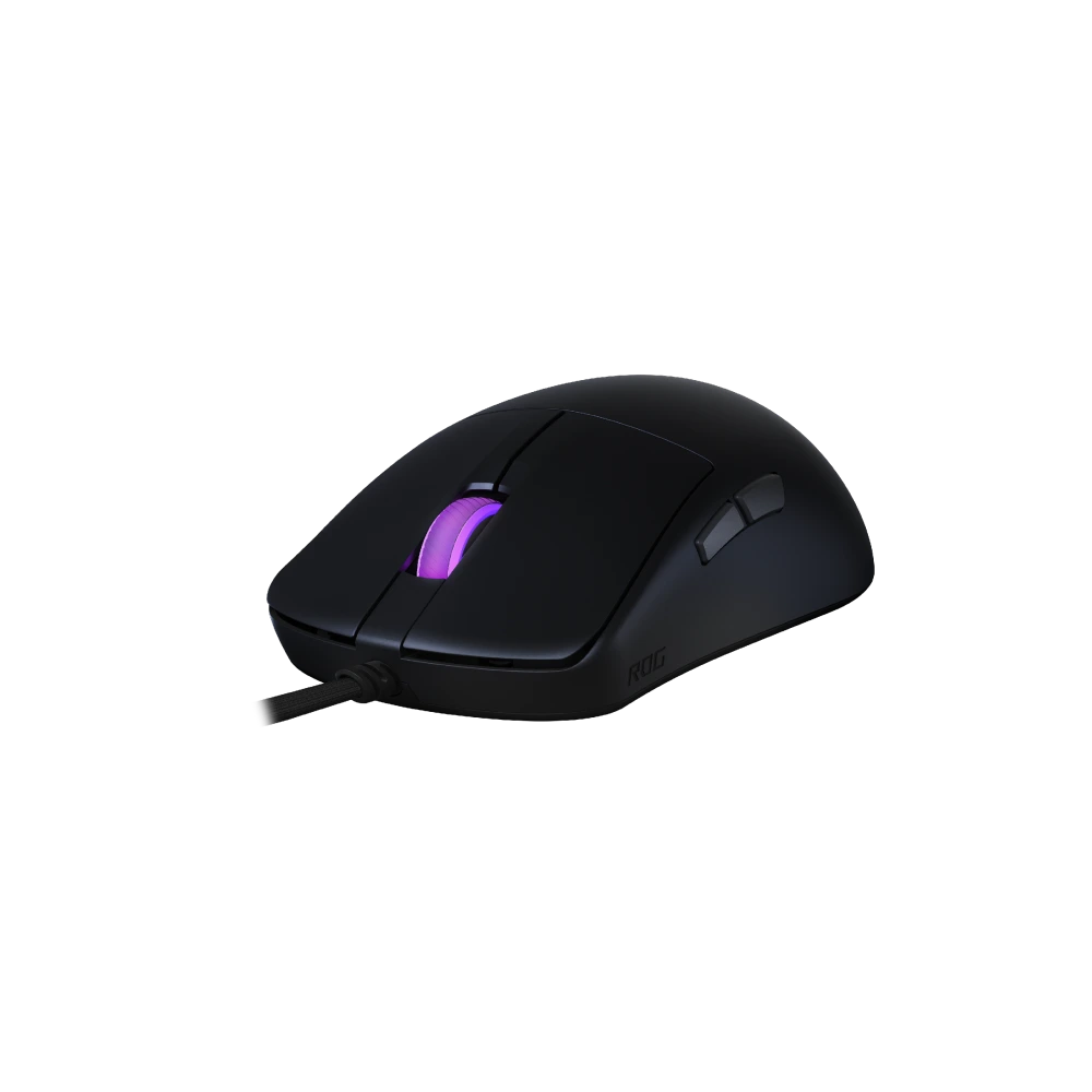 ASUS Angled top view of the ROG Harpe Mini Core, showing the scroll wheel and side buttons.