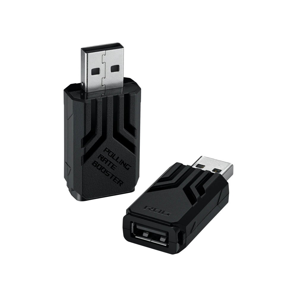 ASUS ROG Polling Rate Booster B: ROG Polling Rate Booster – one upright and one laid down in black
