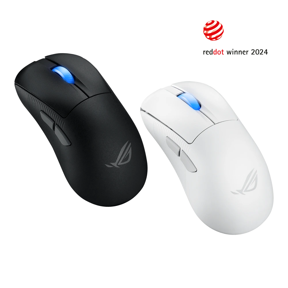 ASUS A angled side view of the ROG Keris II Ace in black and white with the reddot 2024 award logo on the side