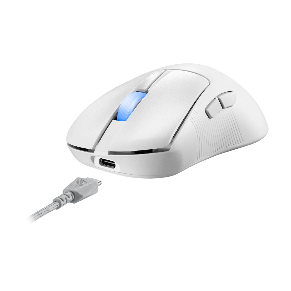 ASUS ROG Keris II Ace Moonlight White – angled side view with USB-c cable