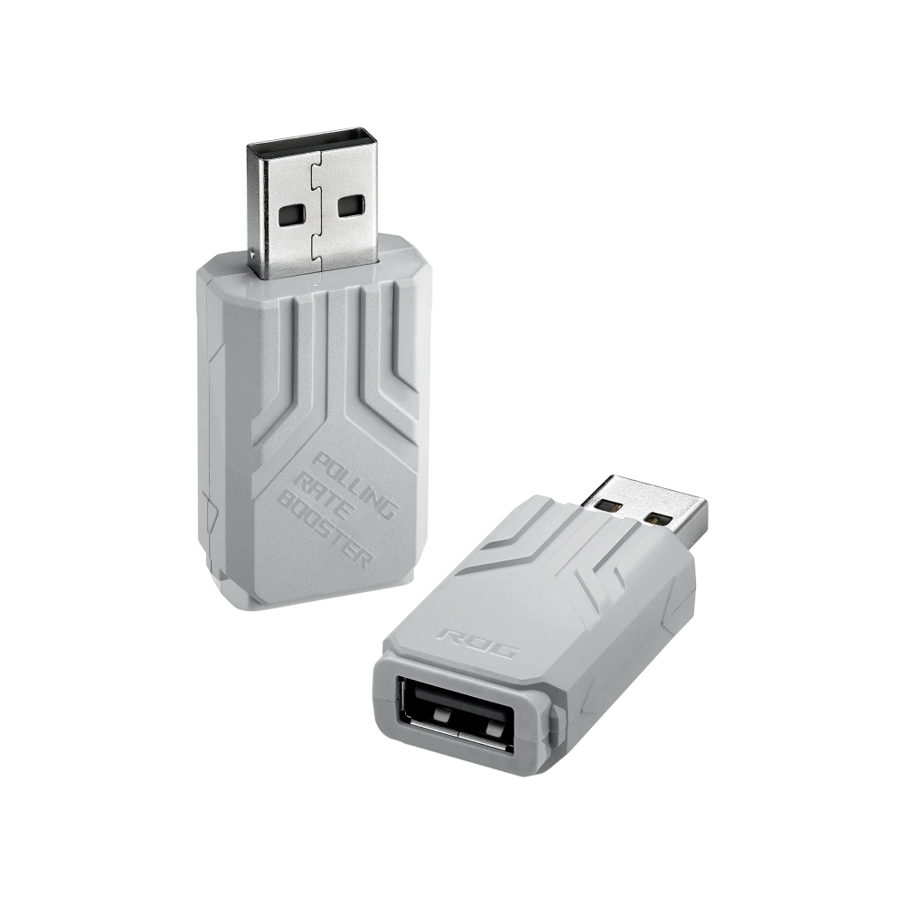 ASUS ROG Polling Rate Booster W: ROG Polling Rate Booster – one upright and one laid down in Moonlight White