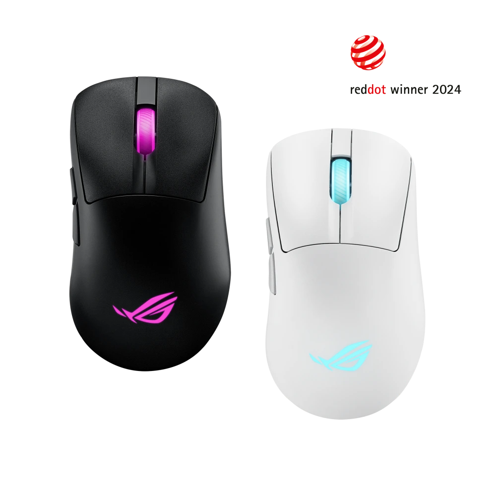 ASUS Top view of the ROG Keris II Origin in both black and moonlight white
