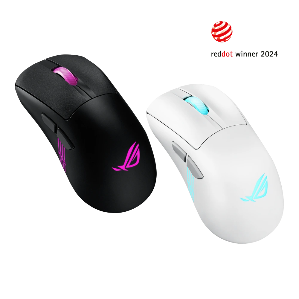 ASUS Angled view from the left of the ROG Keris II Origin in both black and moonlight white