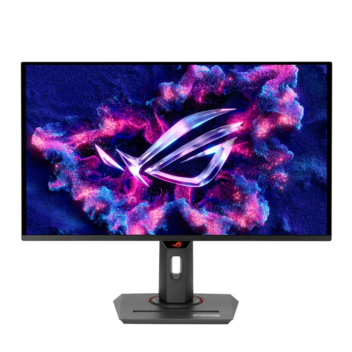 ASUS ROG Strix OLED XG27ACDNG 27 inch QD-OLED gaming monitor, front view on its stand