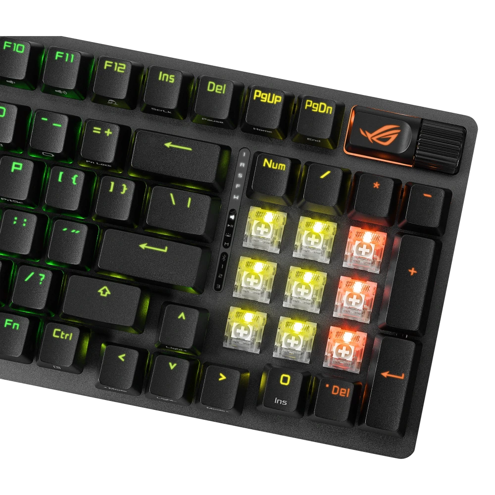 ASUS ROG Strix Scope II 96 Wireless – close-up on the numpad area with some keycaps removed to show the ROG NX Snow switches