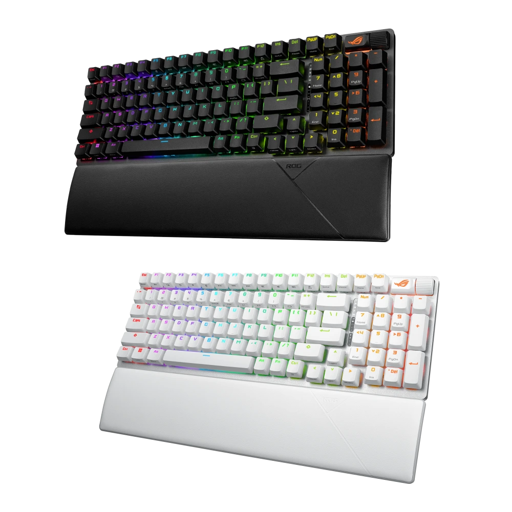ASUS Front view to the left of ROG Strix Scope II 96 Wireless Black and Moonlight White edition.
