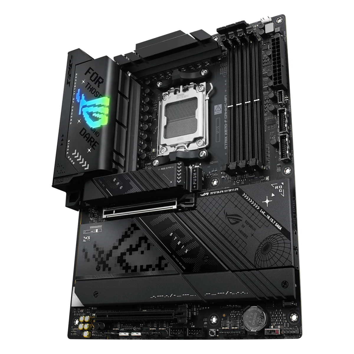 ROG Strix X870-F Gaming WiFi top angled view of VRM heatsinks, AM5 socket and M.2 heatsinks