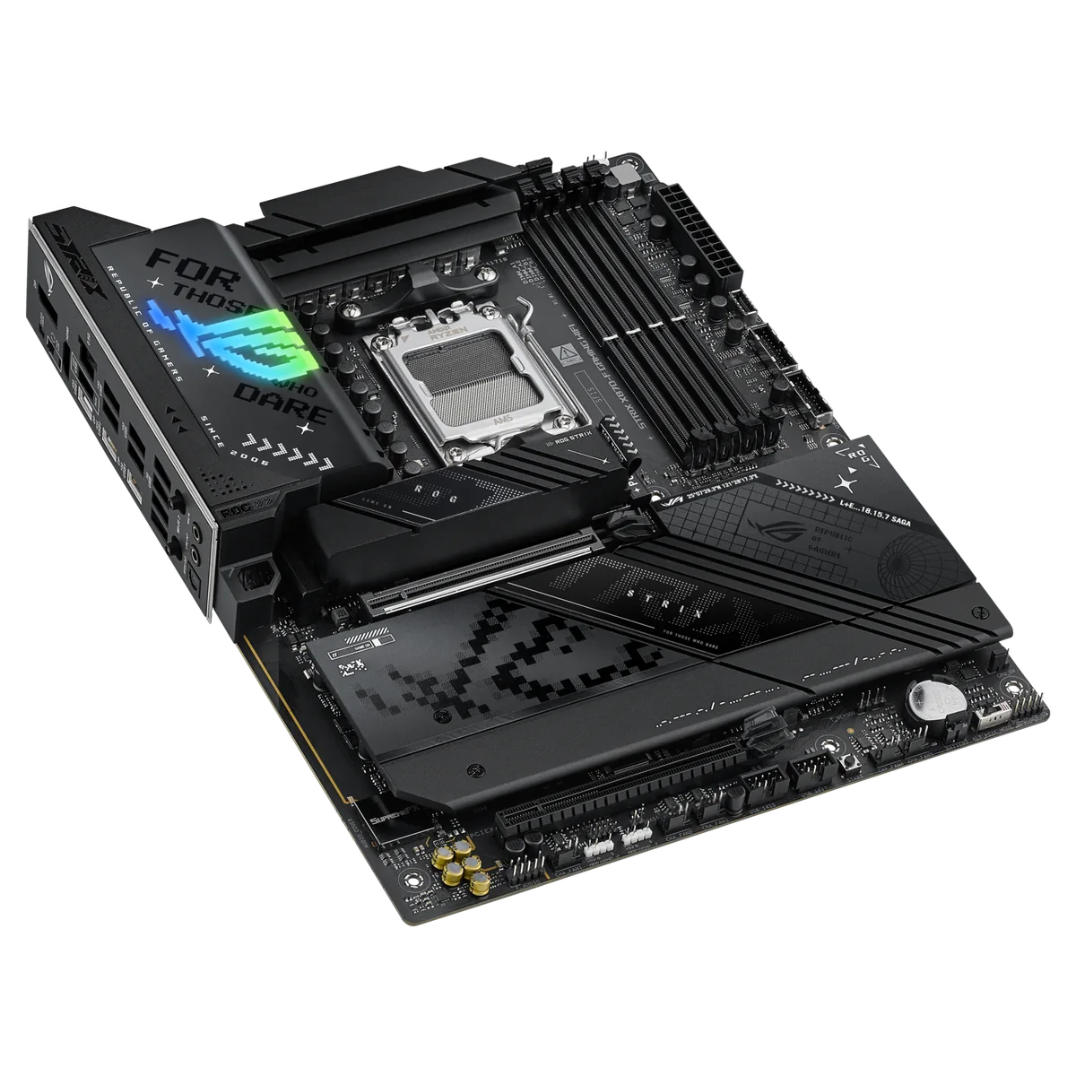 ROG Strix X870-F Gaming WiFi low perspective view of the PCIe 5.0 slot and full-coverage M.2 heatsinks