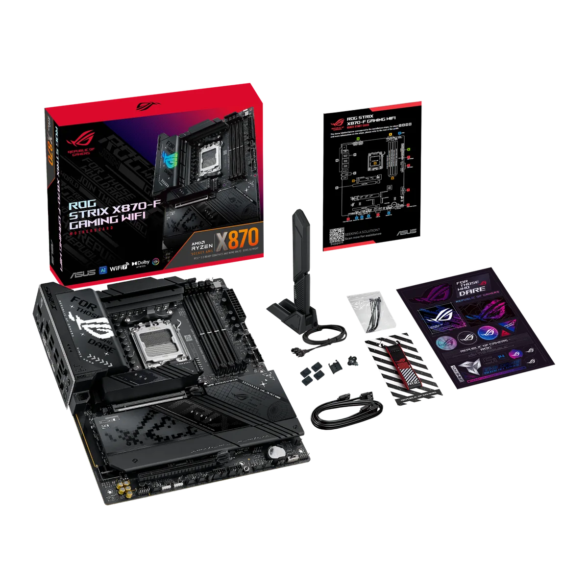 ROG Strix X870-F Gaming WiFi package contents with retail box, WiFi Q-Antenna, SATA cables and ROG stickers