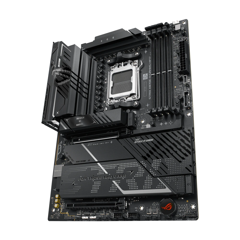 ASUS ROG STRIX X870E-H GAMING WIFI7 front view, tilted 45 degrees