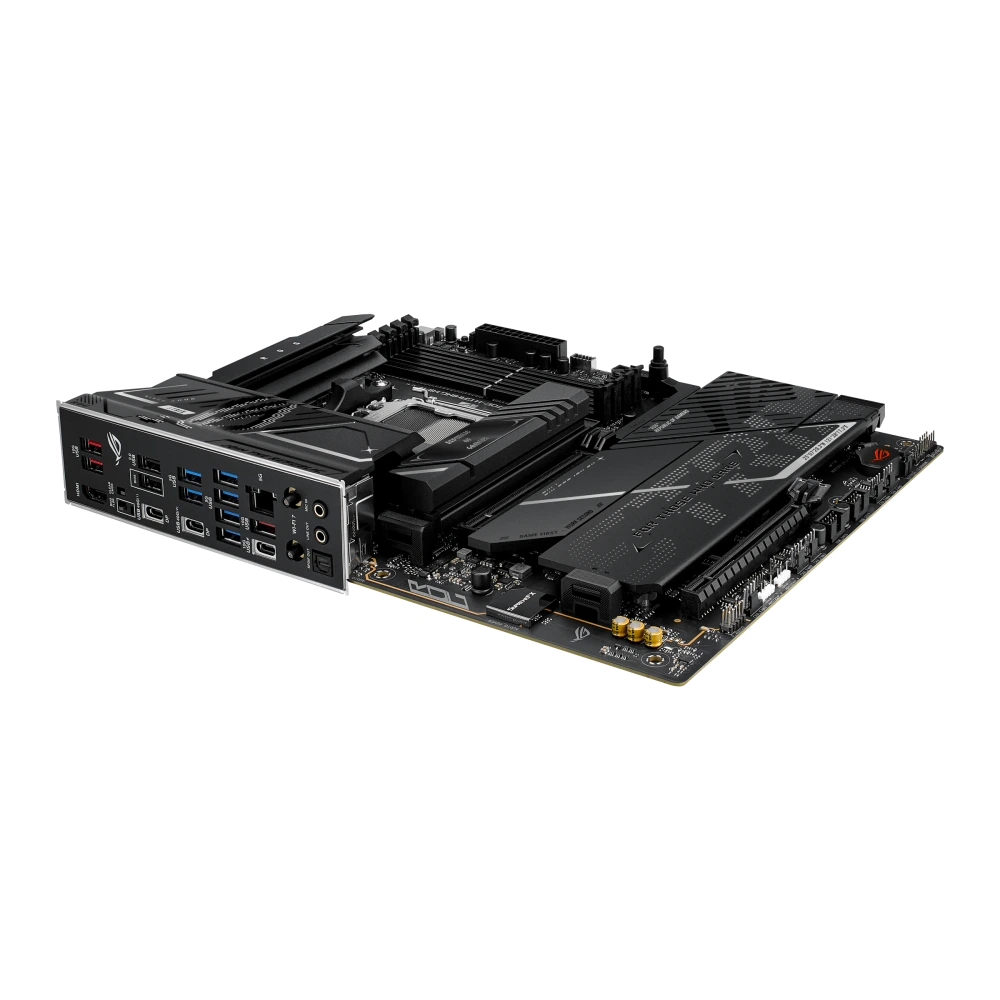 ASUS ROG STRIX X870E-H GAMING WIFI7 positioned at low-angle perspective, showcasing its rear I/O ports