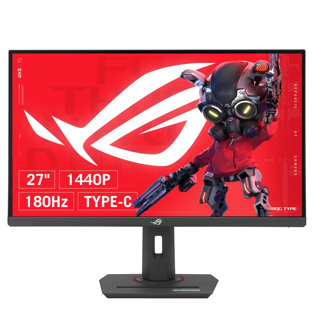 ASUS ROG Strix XG27ACMS, front view with feature icons