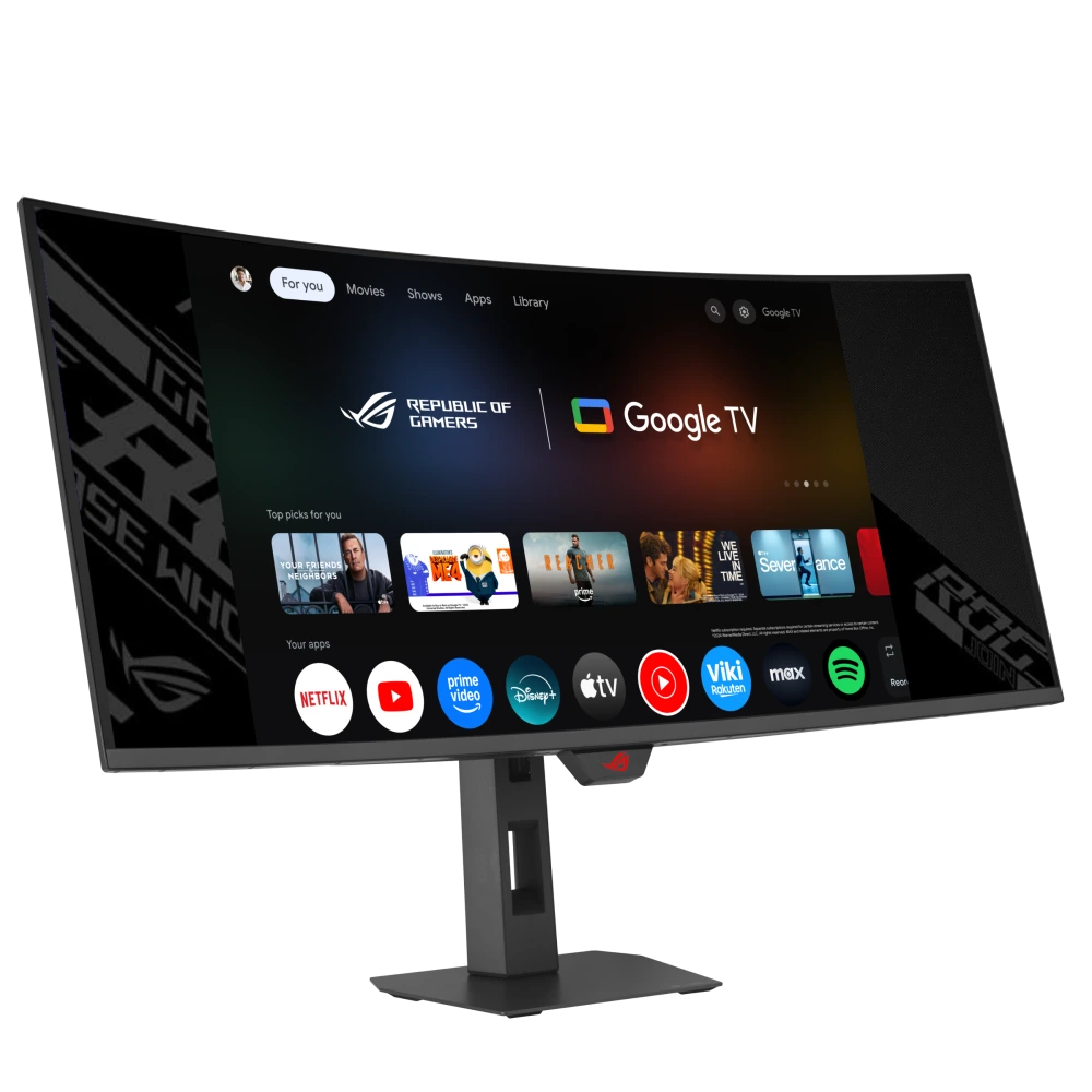 ASUS XG34WCDMTG Front view to the right with google tv inscreen