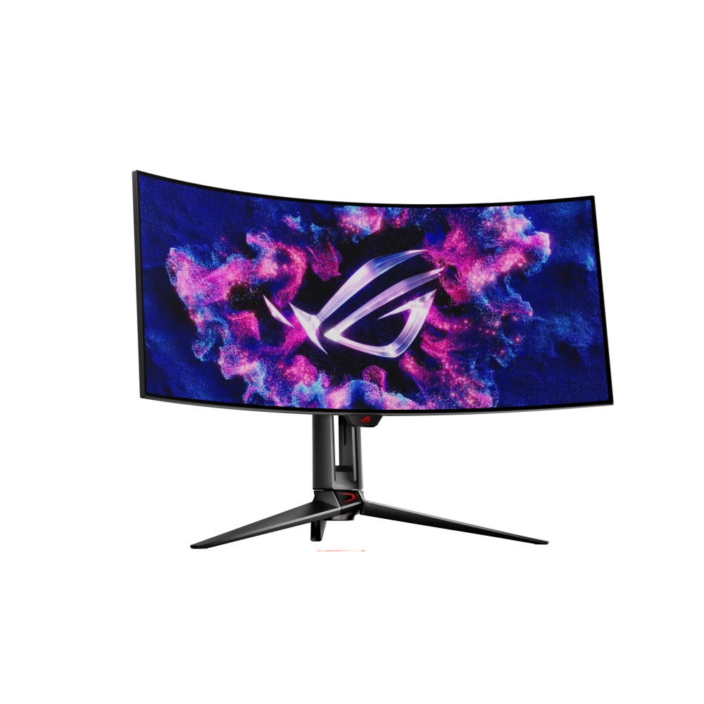 ASUS ROG Swift OLED PG34WCDM, front view, to the right