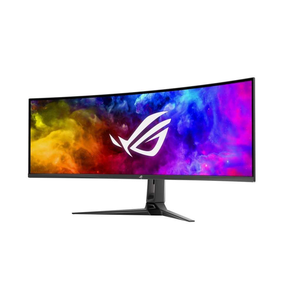 ASUS ROG Swift OLED PG49WCD, front view, to the left