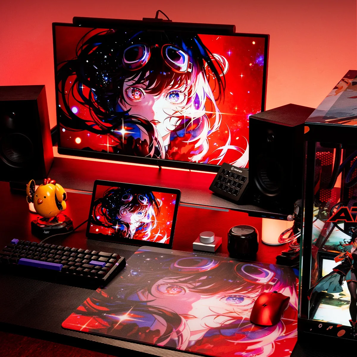 ATK Crimson glass mouse pad on a red-lit gaming desk