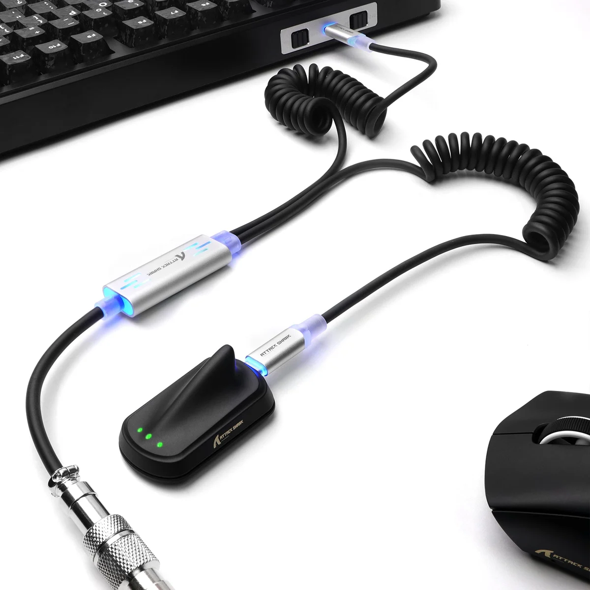 Attack Shark C08 black 2-in-1 dual USB-C coiled aviation cable with RGB hub