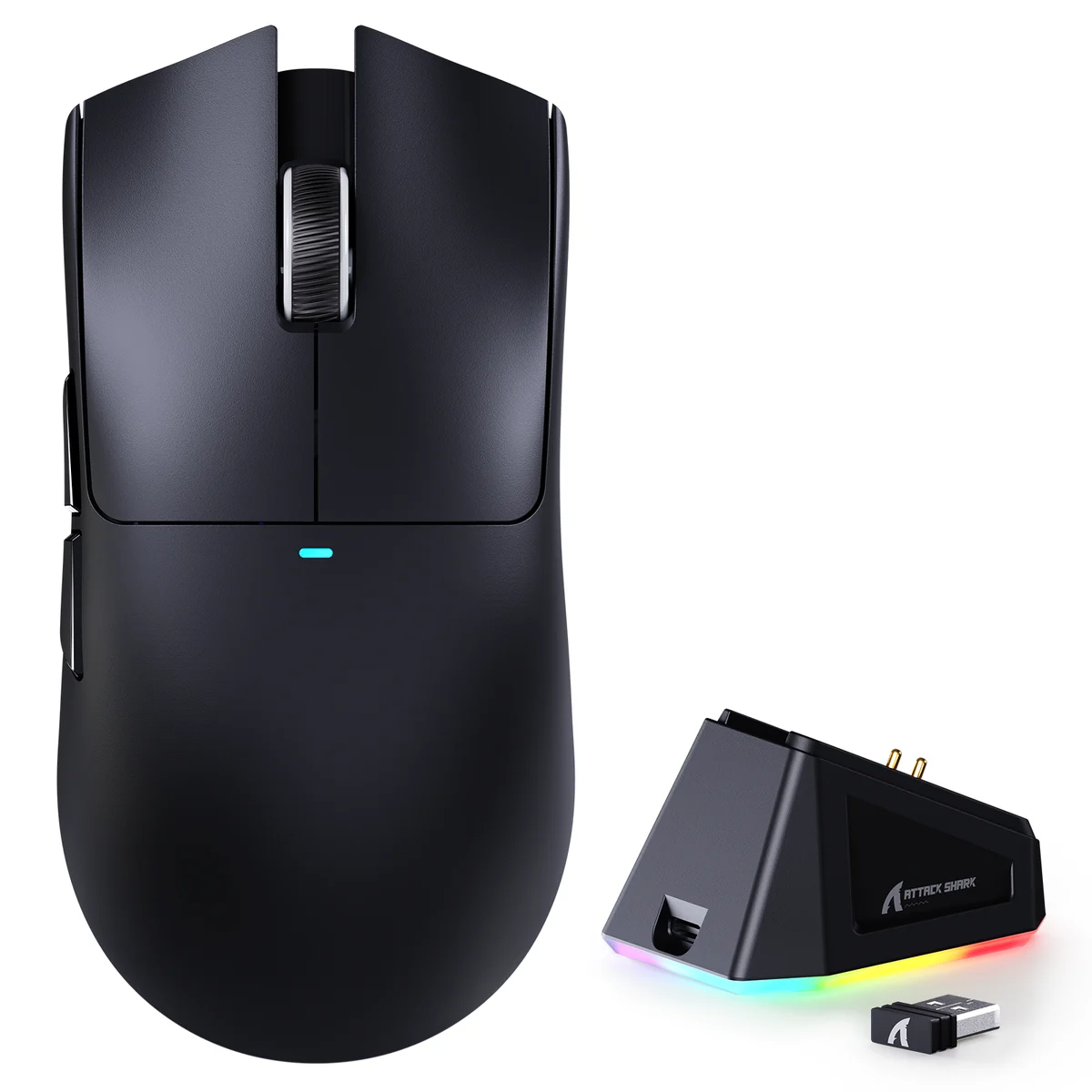 Attack Shark X11 black wireless gaming mouse with RGB magnetic charging dock