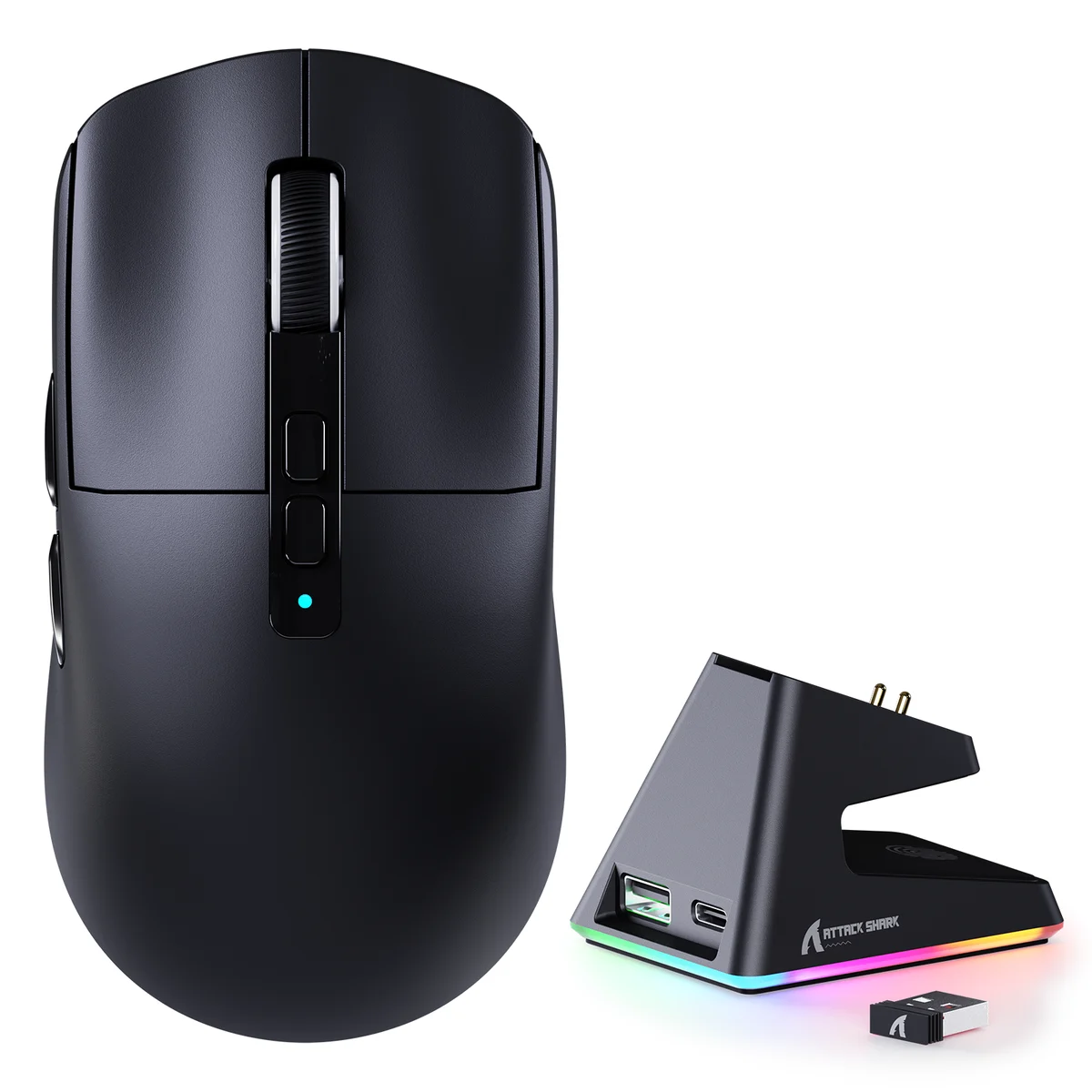 Attack Shark X6 49g black wireless gaming mouse with RGB magnetic charging dock