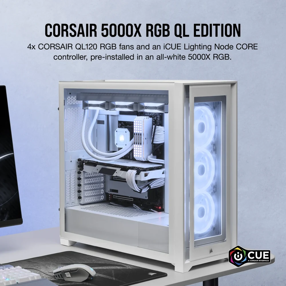 Corsair iCUE 5000X RGB QL Edition Mid-Tower ATX Case - True White view 2